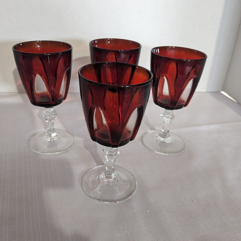 VTG cranberry cut to clear crystal set of 4  wine glasses stemmed goblets France